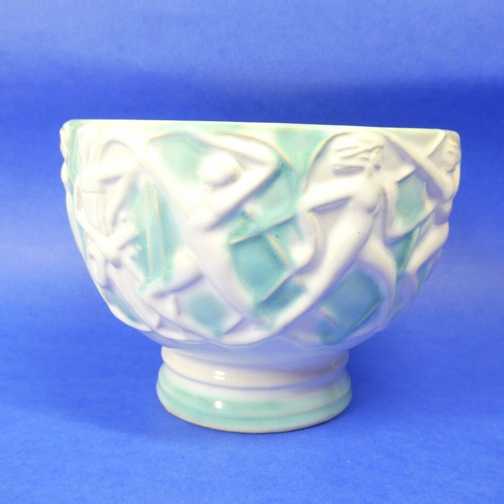 Vintage Pottery Bowl Japan Figural Woman White Green Ceramic MCM